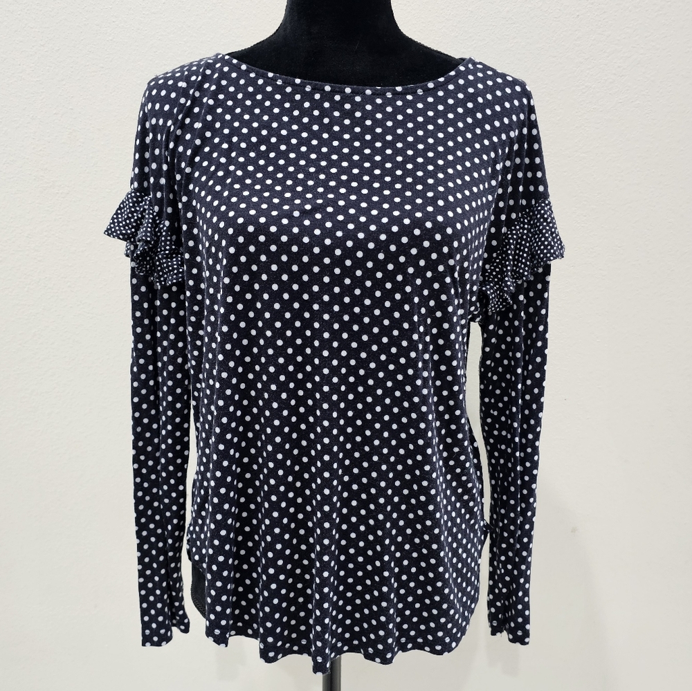 H&M Navy Blue Polka Dot Ruffled Flutter Sleeve Blouse